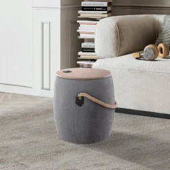 Barril grey pouf contenitore in tessuto grigio e legno finitura rovere d40xh45 cm