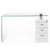 Bow Scrivania in Vetro Curvato Cassettiera con serratura Laccata Bianco Opaco, 125 x 65 x h 75 cm