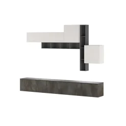 Brenda Ossido parete soggiorno attrezzata librerie basi pensili melaminico grigio graphite ossido bianco spatolato h200 l276 p40