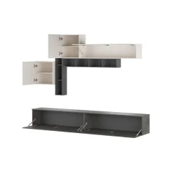 Brenda Ossido parete soggiorno attrezzata librerie basi pensili melaminico grigio graphite ossido bianco spatolato h200 l276 p40