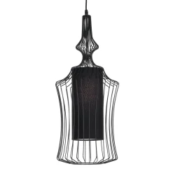 Cathedral a lampadario in metallo nero opaco con paralume in filo di acciaio e tessuto nero d29 h64 cm