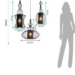 Cathedral lampadario in metallo nero opaco con 3 paralumi in filo di acciaio e tessuto nero 70xh64 cm