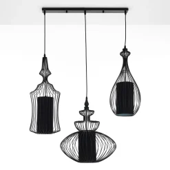 Cathedral lampadario in metallo nero opaco con 3 paralumi in filo di acciaio e tessuto nero 70xh64 cm