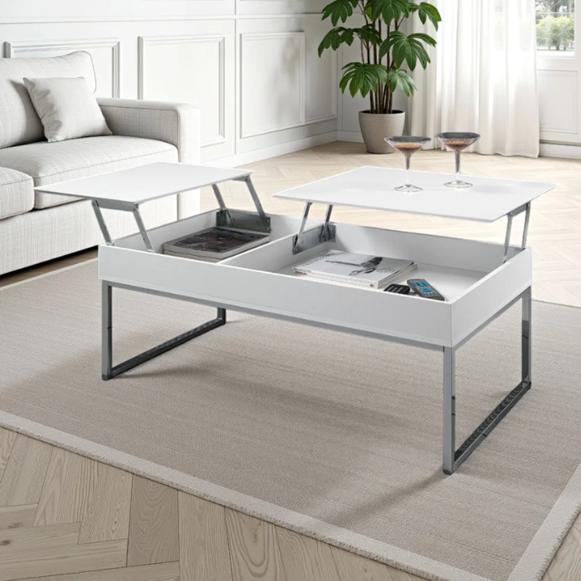 Celinda tavolino da salotto in mdf laccato bianco opaco e metallo cromato top alzabile con vano 110x60 h45 cm
