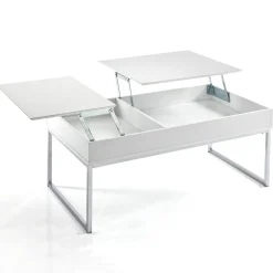 Celinda tavolino da salotto in mdf laccato bianco opaco e metallo cromato top alzabile con vano 110x60 h45 cm