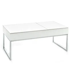 Celinda tavolino da salotto in mdf laccato bianco opaco e metallo cromato top alzabile con vano 110x60 h45 cm