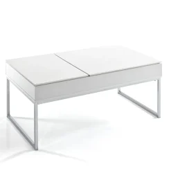 Celinda tavolino da salotto in mdf laccato bianco opaco e metallo cromato top alzabile con vano 110x60 h45 cm