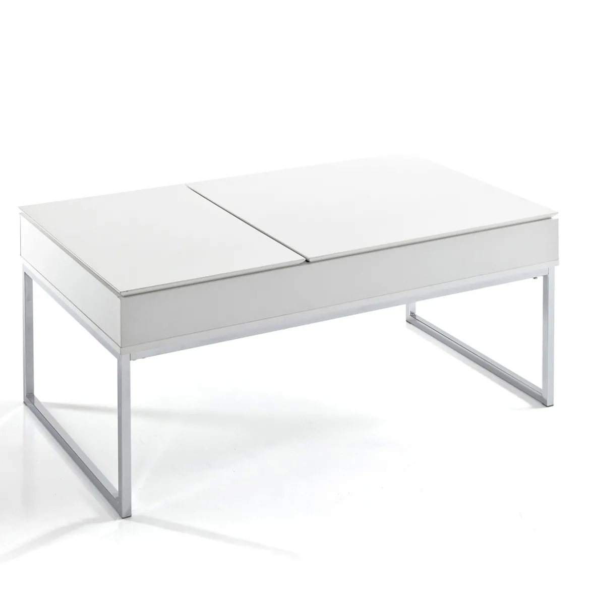 Celinda tavolino da salotto in mdf laccato bianco opaco e metallo cromato top alzabile con vano 110x60 h45 cm