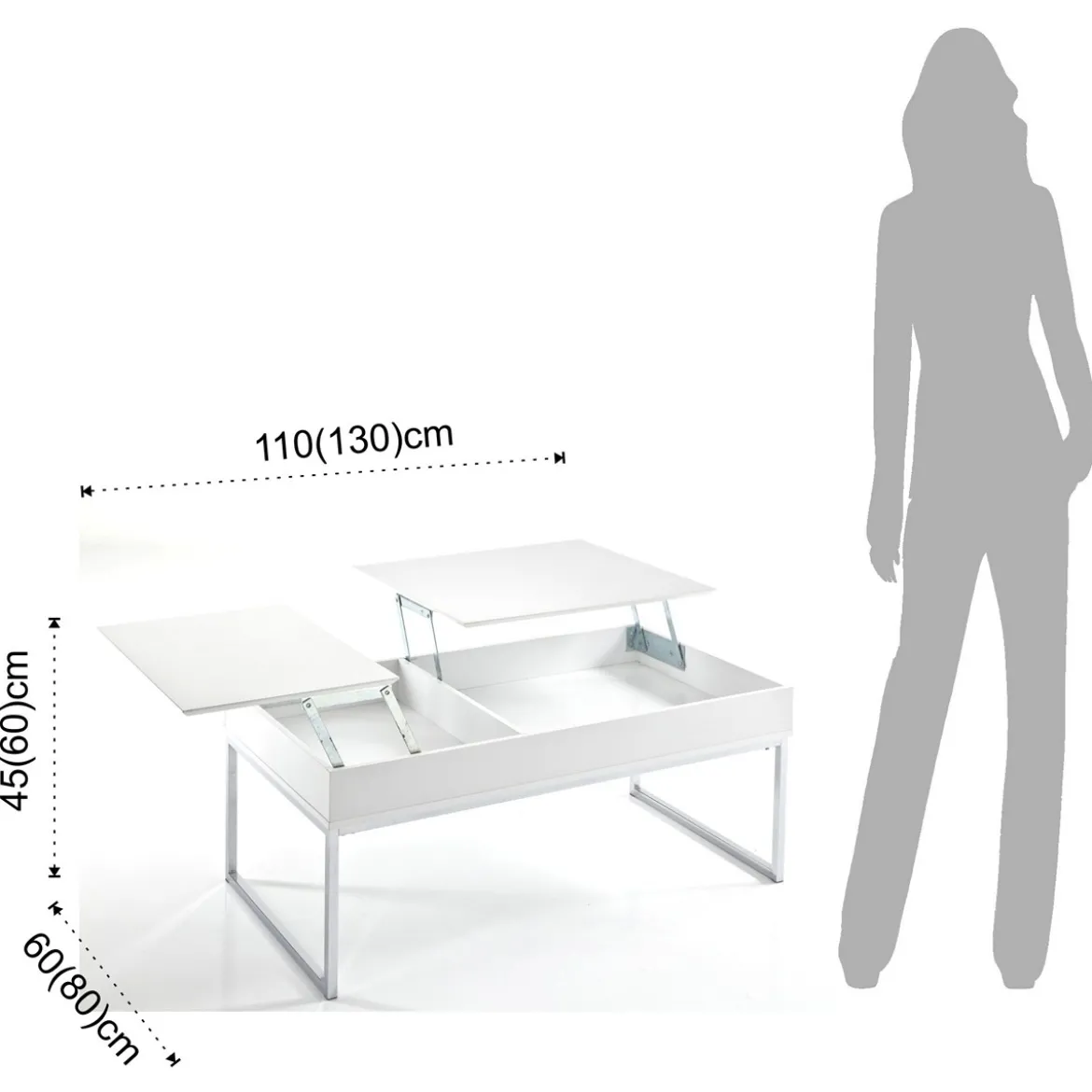 Celinda tavolino da salotto in mdf laccato bianco opaco e metallo cromato top alzabile con vano 110x60 h45 cm