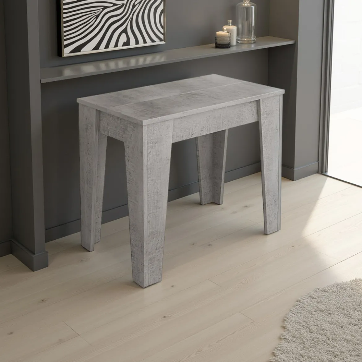 Charlie cement tavolo / consolle allungabile finitura grigio cemento con 6 prolunghe 54-306x90 cm