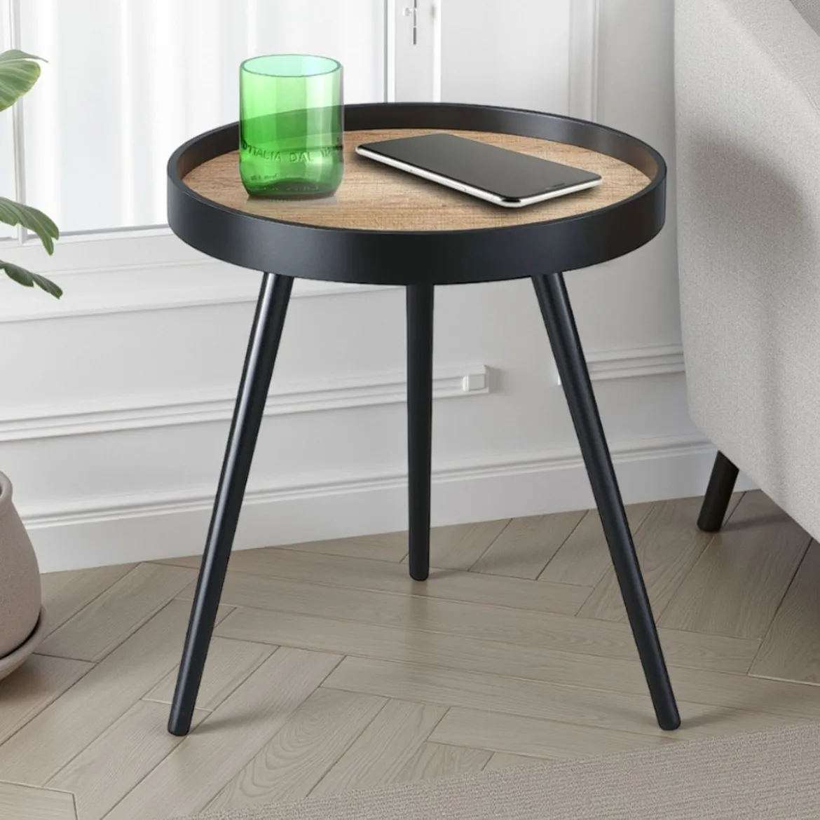 Charlotte tavolino / comodino verniciata nero opaco piano impiallacciato in rovere invecchiato d46 h53.5 cm