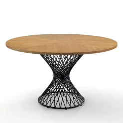 Clew Tavolo Rotondo in Legno impiallacciato finitura Rovere e base in Metallo Nero opaco, diametro 137 cm