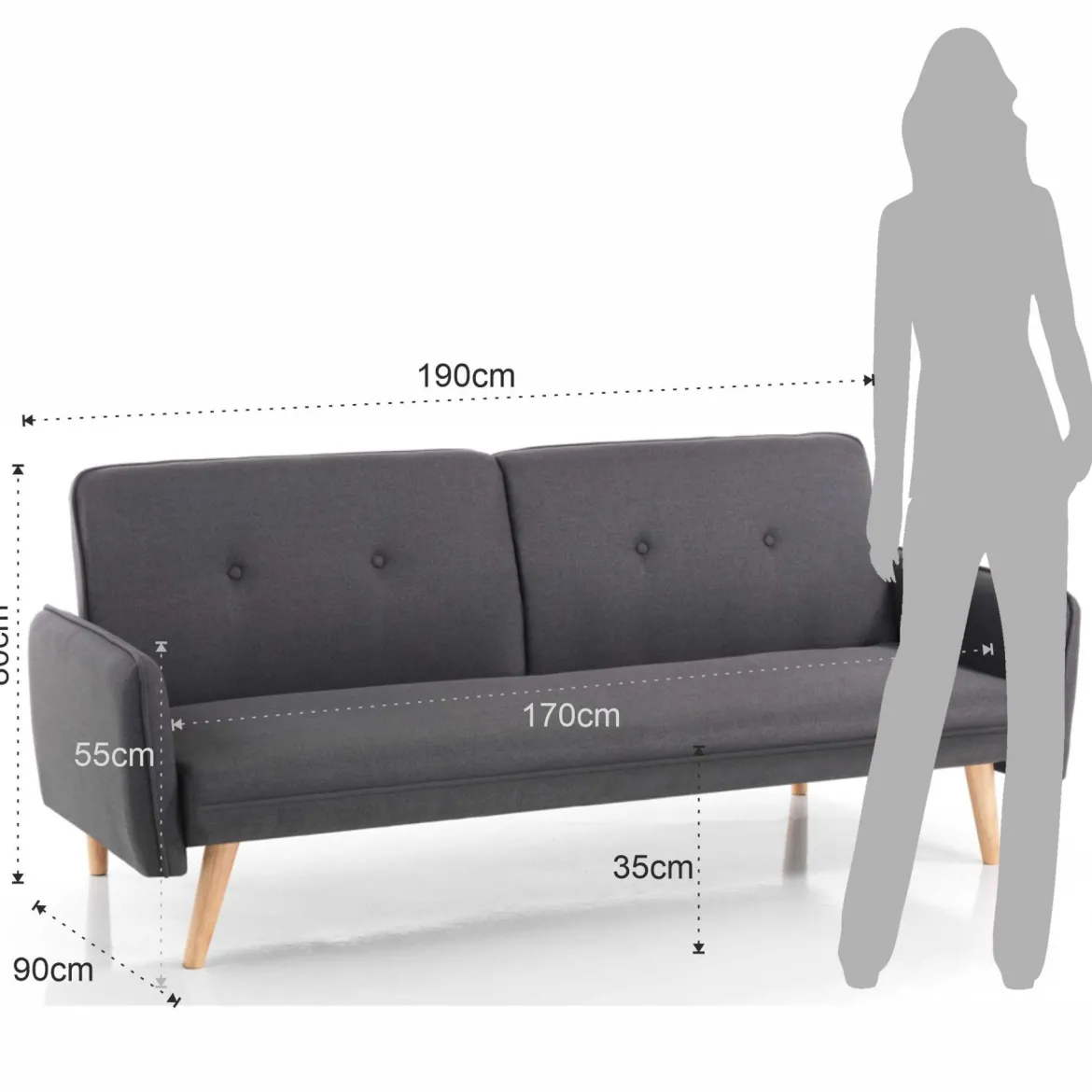 Dede divano - letto schienale reclinabile 3 posizioni (divano / relax / letto) tessuto di colore grigio l190 p90 h80