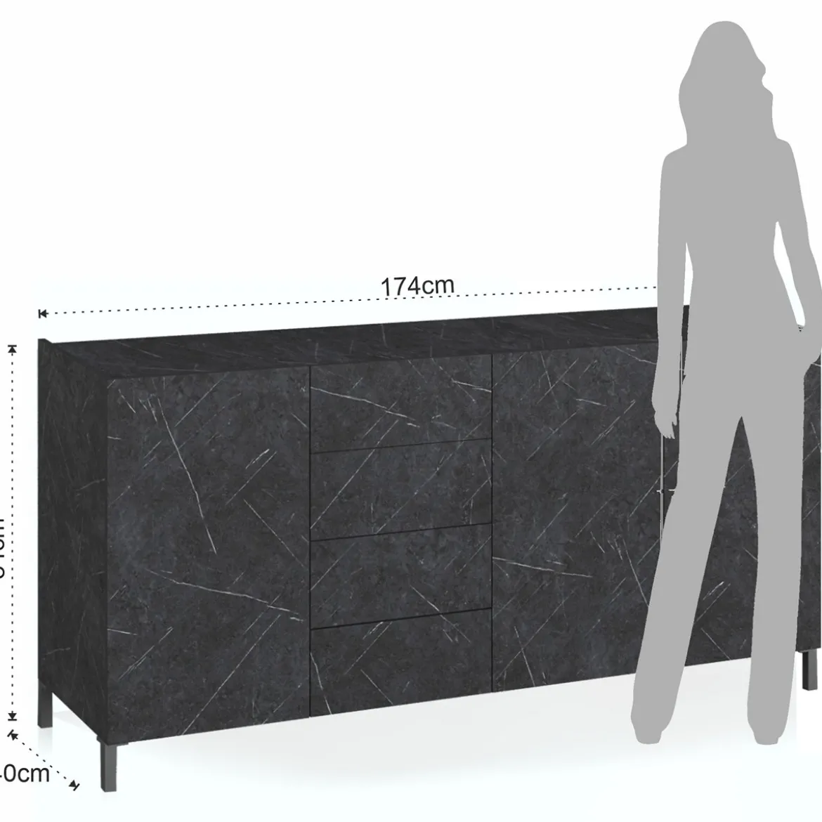Eddy black marble madia grande finitura marmo nero opaco cm. h.84 l.174 p.40 made in italy