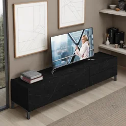 Eddy black marble porta tv 1 anta ribalta e 2 cassetti finitura marmo nero opaco 160x40xh42 cm