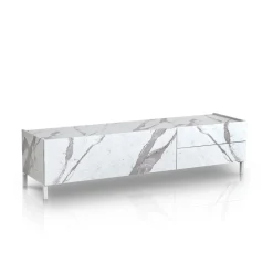 Eddy white marble porta tv 1 anta ribalta e 2 cassetti finitura marmo bianco opaco calacatta 160x40xh42 cm