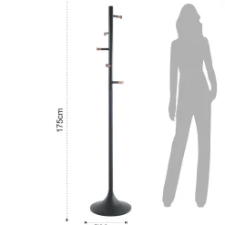 Feelo appendiabiti in metallo nero opaco e pomelli legno finitura noce h175xd36 cm