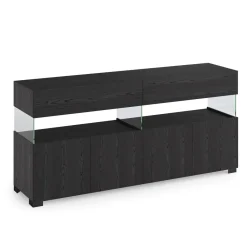 Float black wood madia 4 ante 2 cassetti finitura rovere nero e vetro 172x40xh81 cm