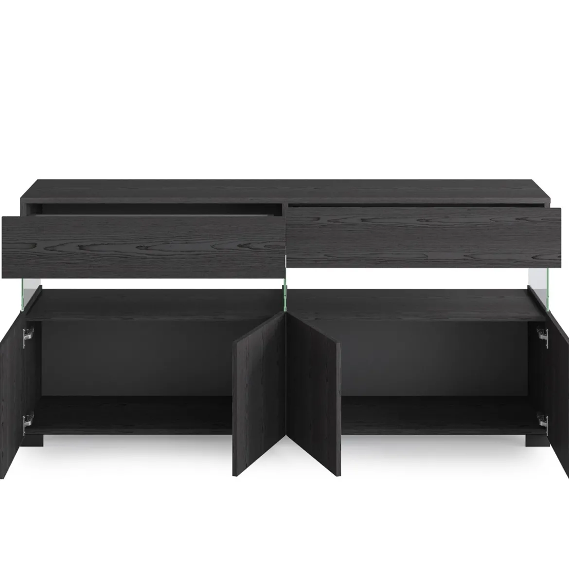Float black wood madia 4 ante 2 cassetti finitura rovere nero e vetro 172x40xh81 cm