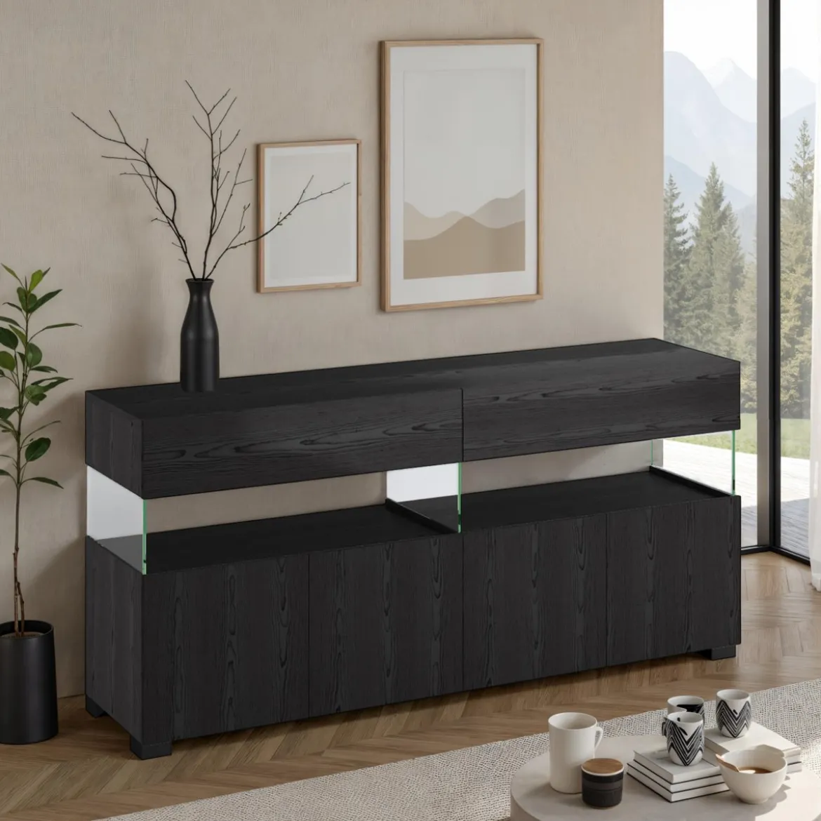Float black wood madia 4 ante 2 cassetti finitura rovere nero e vetro 172x40xh81 cm