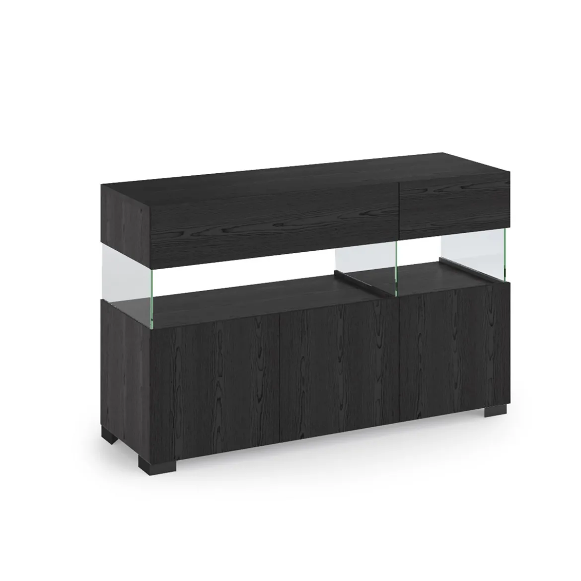 Float black wood madia 3 ante 2 cassetti finitura rovere nero e vetro 129x40xh81 cm