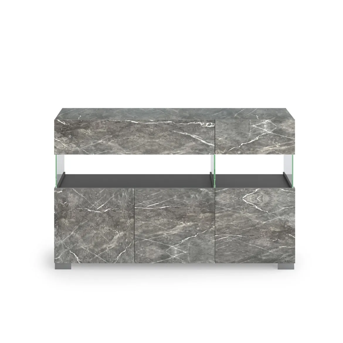 Float marble madia 3 ante 2 cassetti finitura marmo grigio antracite opaco e vetro 129x40xh81 cm