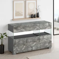 Float marble madia 3 ante 2 cassetti finitura marmo grigio antracite opaco e vetro 129x40xh81 cm