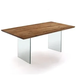 Float Tavolo Scrivania in Legno Massello finitura Rovere con gambe in Vetro Temprato, 180 x 90 x h 76 cm