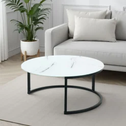Gabriel evo tavolino grande piano in vetro effetto marmo bianco h35 d80 cm