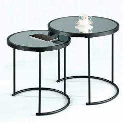 Gabriel set 2 tavolini piano con vetro a specchio in acciaio verniciato nero opaco d42 d50 cm