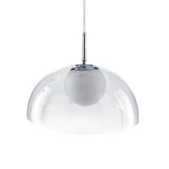 Genny lampadario in pvc trasparente con sfera in vetro satinato bianco filo regolabile d37 h24 cm