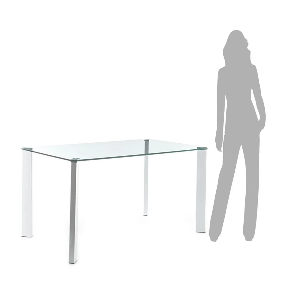 Janet Tavolo / Scrivania in Vetro Temprato trasparente con gambe in Metallo Bianco Lucido, 140 x 80 x h75 cm