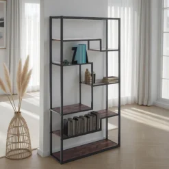 Jumble high black mobile e libreria in metallo nero opaco ripiani finitura legno invecchiato 80x30xh160 cm