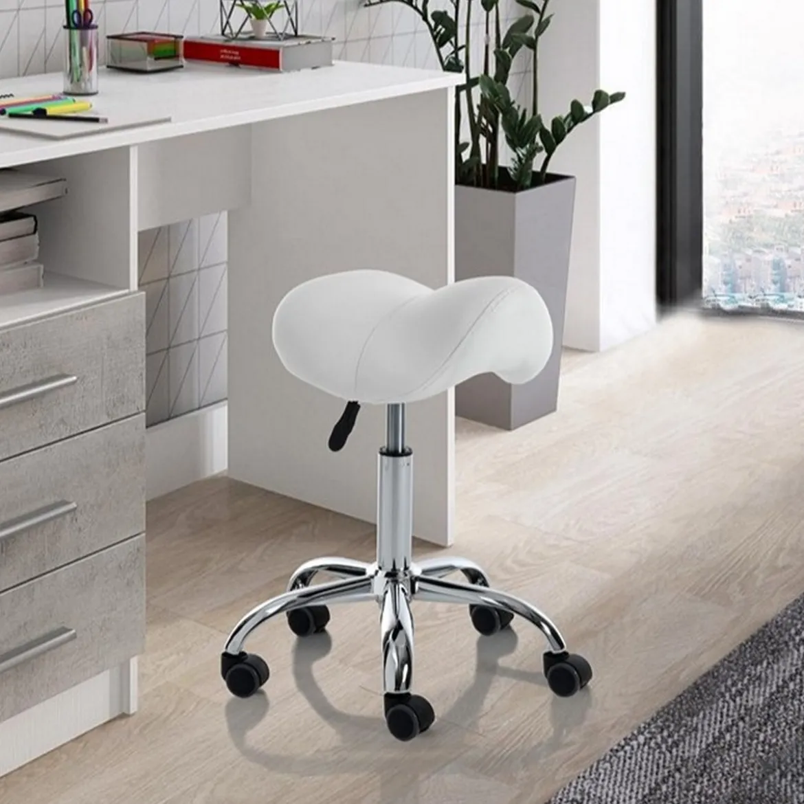 Kaio white sgabello per scrittoio in pelle sintetica bianca e metallo cromato 37x36xh50-66 cm