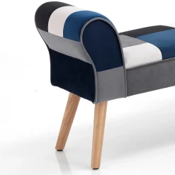 Kaleidos blue panca in tessuto patchwork e legno massello rovere 100x30xh53 cm