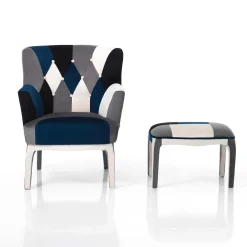 Kaleidos-e blue poltrona pouf tessuto tecnica patchwork gambe legno massello cm h.98 x l.78 x p.70