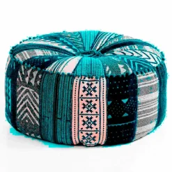 Kamar blue patch pouf rotondo rivestimento cotone 100% patchwork blu d60xh30 cm
