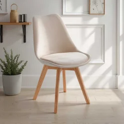 Kiki Soft Beige Sedia Tessuto colore panna gambe legno massello finitura rovere cm h83 l48 p56