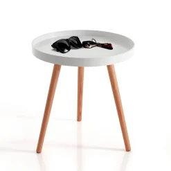 Kyra round tavolino in mdf lacccato bianco opaco e legno massello tinto rovere d49 h51 cm