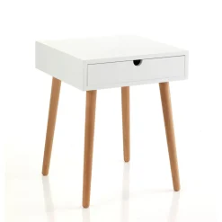 Kyra tavolino comodino 1 cassetto in mdf laccato bianco opaco e legno massello tinto rovere 40x40 h50 cm
