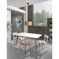 Kyra tavolo verniciato top bianco opaco e gambe in legno massello finitura rovere 160 x 90 cm