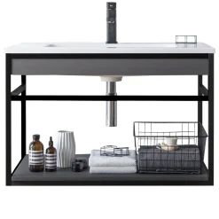 Loom-b grey/black 80 mobile bagno in acciaio nero opaco con lavello e cestone finitura larice grigio 80x46xh52 cm