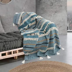 Methi-a plaid 100% cotone decorato grigio azzurro 220x150 cm