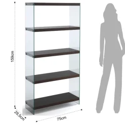 Nancy 75 Dark Wood libreria 5 ripiani noce scuro vetro trasparente temprato h159 l75 p29,5