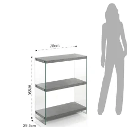 Nancy cement libreria 3 ripiani in vetro trasparente e finitura cemento 70x29.5xh90 cm