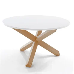 New Frisia Tavolo Rotondo verniciato top Bianco semilucido e legno massello finitura rovere sbiancato diametro 120 cm