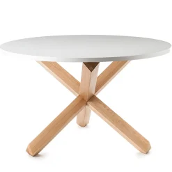 New Frisia Tavolo Rotondo verniciato top Bianco semilucido e legno massello finitura rovere sbiancato diametro 120 cm