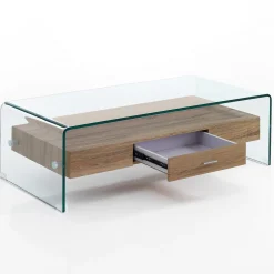 Noa Tavolino vetro curvato trasparente ripiano con cassetto rovere h35 l110 p55