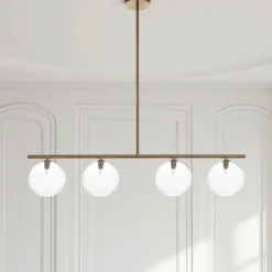 Party evo clear lampadario acciaio verniciato ottone anticato opaco sfere in vetro trasparente cm l95 p155 h90