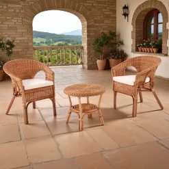 Pienza set living da interno/esterno portonovo in rattan colore naturale 2 poltrone con cuscini in cotone e tavolino